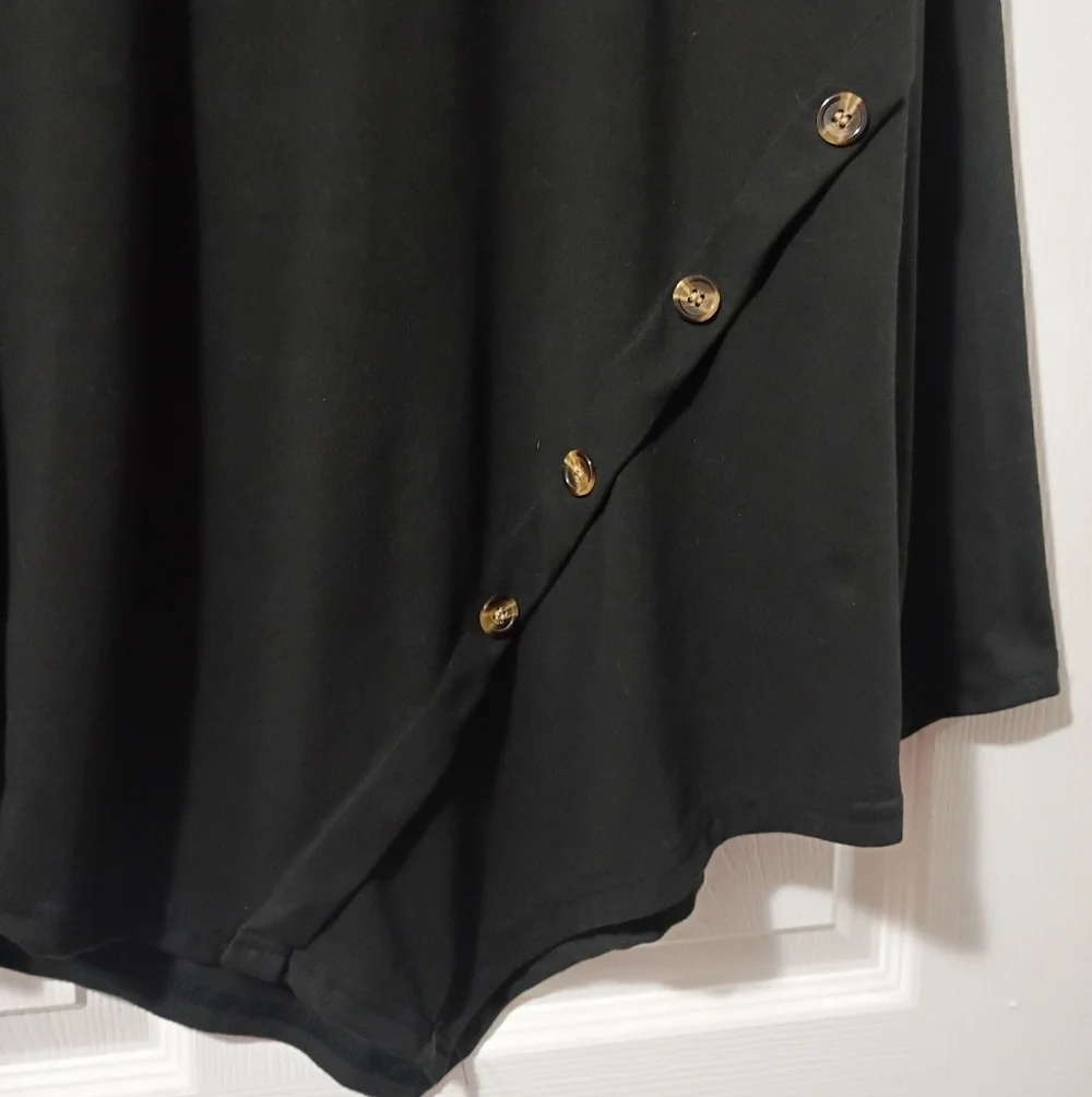 Black Asymmetrical Button Detail Long Sleeve Tunic Top